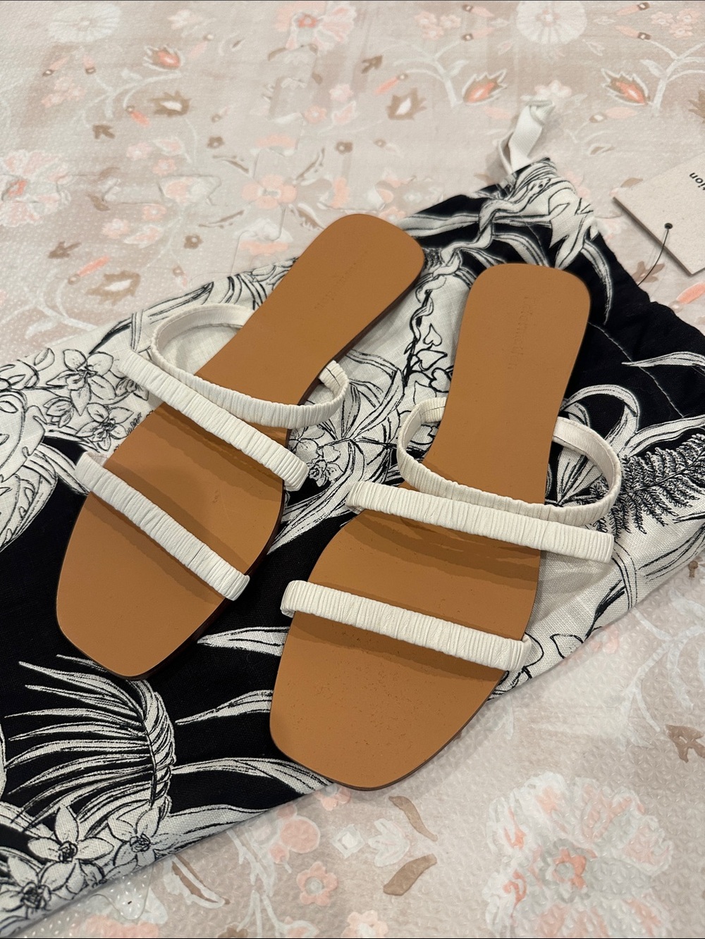 Reformation Cream Strappy Tan Footbed Slide Sandals
